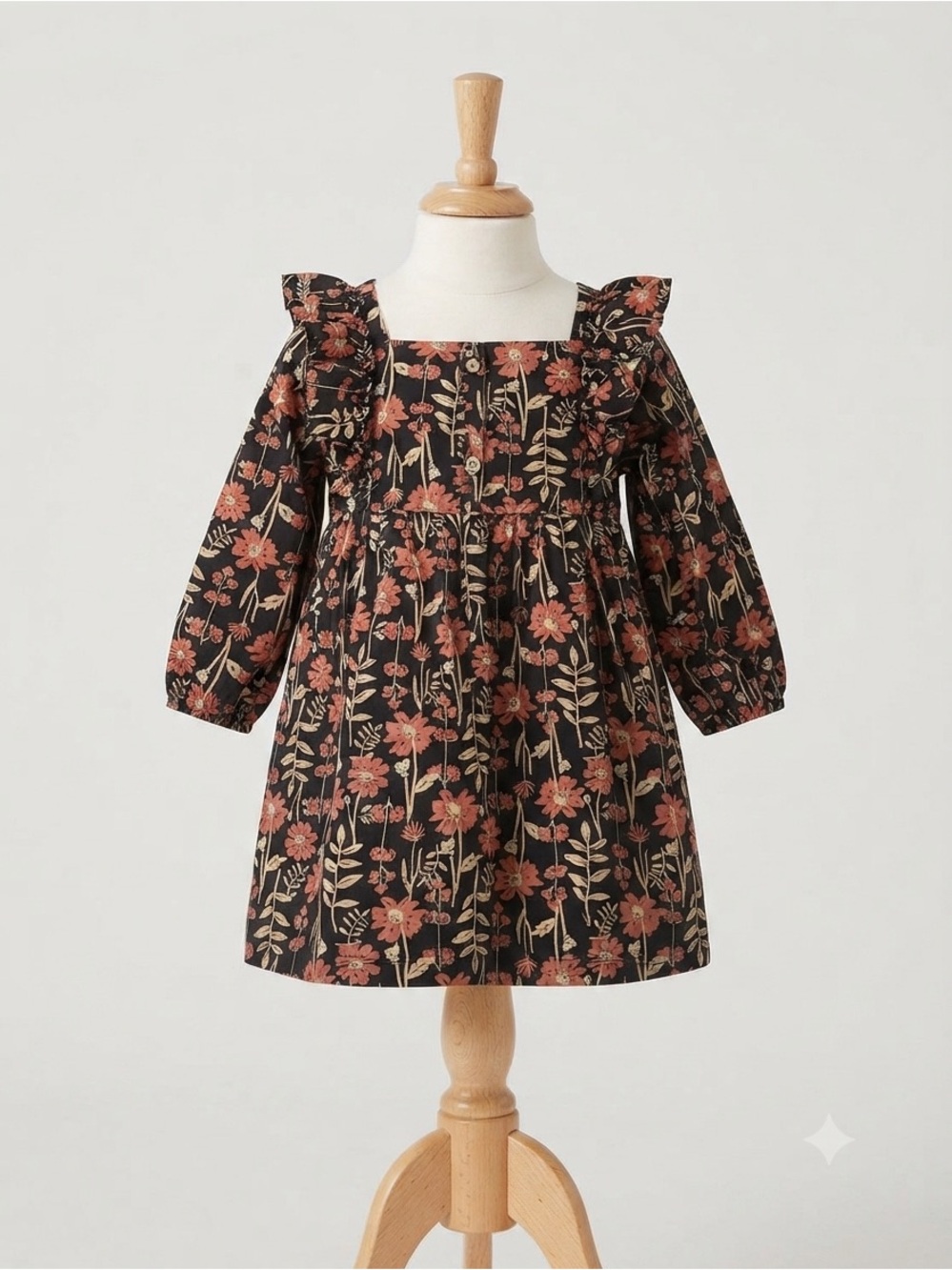 Carter's Black Floral Ruffle-Neck Long Sleeve Dress